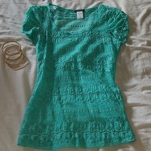 3 for $10 :Juniors  - Short Sleeve Seafoam Lace Top